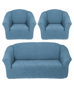 Чехлы на диван и 2 кресла без оборки серо голубой